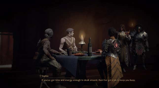 Babylon's Fall Sentinels sit down to dinner in the grey brown dark.