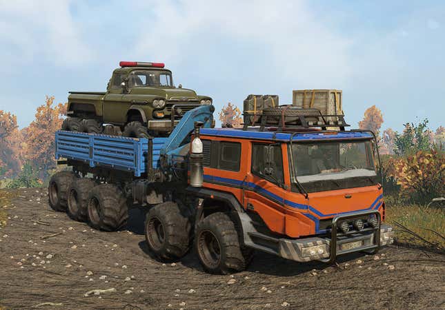 A screenshot of a square 10x10 off-road truck from the game SnowRunner