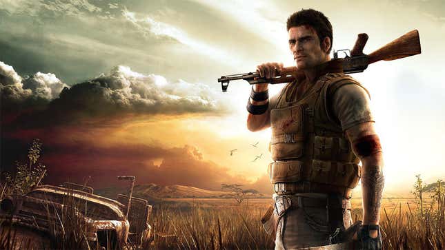 A soldier from Far Cry 2 is holding a rifle over his shoulder in front of a sunset in Africa. 