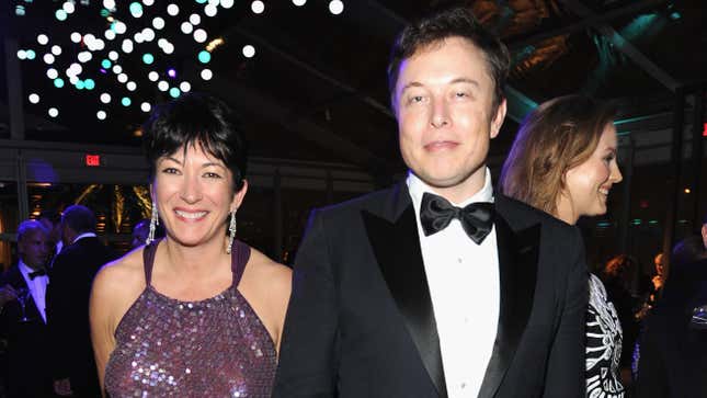 File photo of Elon Musk (right) with socialite Ghislaine Maxwell (left) on March 2, 2014 in West Hollywood, California.