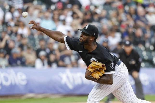 Aug 26, 2023; Chicago, Illinois, USA; Chicago White Sox starting pitcher Touki Toussaint (47) throws a pitch against the Oakland Athletics during the first inning at Guaranteed Rate Field.