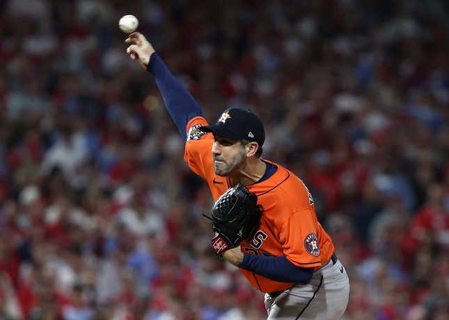 Nov 3, 2022; Philadelphia, Pennsylvania, USA; Houston Astros starting pitcher Justin Verlander (35) throws a pitch against the Philadelphia Phillies during the first inning in game five of the 2022 World Series at Citizens Bank Park.