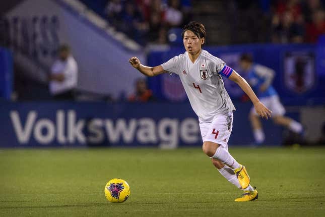Japan defender Saki Kumagai (4) in action during the game between the US and Japan in the 2020 She Believes Cup soccer series at Toyota Stadium.