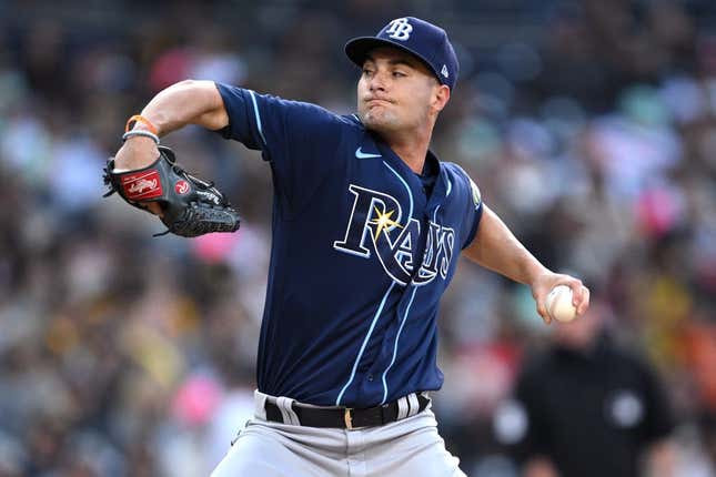Jun 16, 2023; San Diego, California, USA; Tampa Bay Rays starting pitcher Shane McClanahan (18) throws a pitch against the San Diego Padres during the first inning at Petco Park.