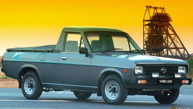 A photo of a Nissan 1400 pickup truck at a mine. 
