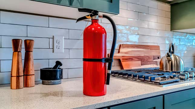 Fire extinguisher on kitchen counter