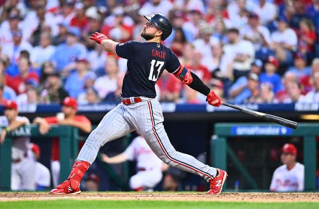 Aug 12, 2023; Philadelphia, Pennsylvania, USA; Minnesota Twins first baseman Joey Gallo (13) hits a home run against the Philadelphia Phillies in the fourth inning at Citizens Bank Park.