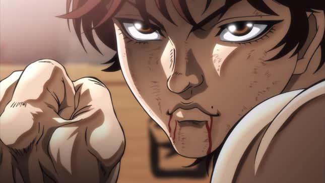 An anime still shows Baki Hanma in a triceratops stance.