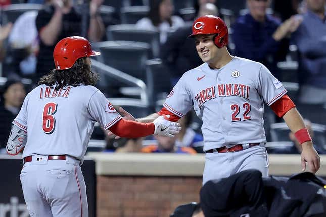 Sep 15, 2023; New York City, New York, USA; Cincinnati Reds second baseman Jonathan India (6) celebrates his two run home run against the New York Mets with catcher Luke Maile (22) during the seventh inning at Citi Field.