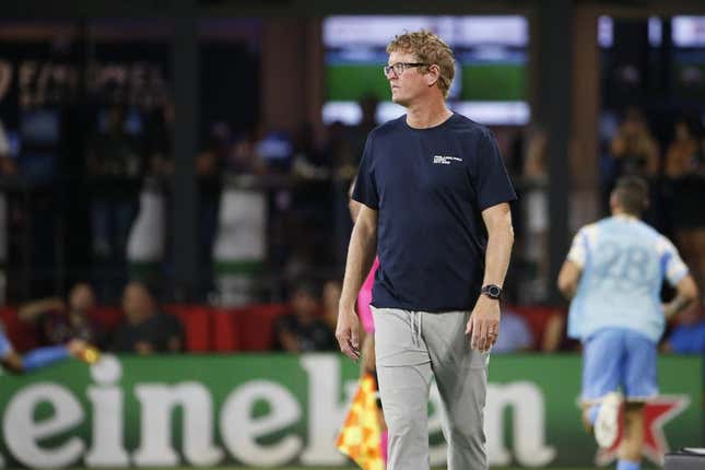 Aug 26, 2023; Washington, District of Columbia, USA; Philadelphia Union head coach Jim Curtin looks on from the sidelines during the second half against D.C. United at Audi Field.