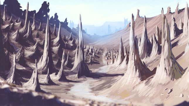 A road stretches into the distance on an alien world with pointy rocks.