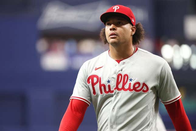 Jul 5, 2023; St. Petersburg, Florida, USA;  Philadelphia Phillies starting pitcher Taijuan Walker (99) walks back to the dugout at the end of the first inning against the Tampa Bay Rays at Tropicana Field.