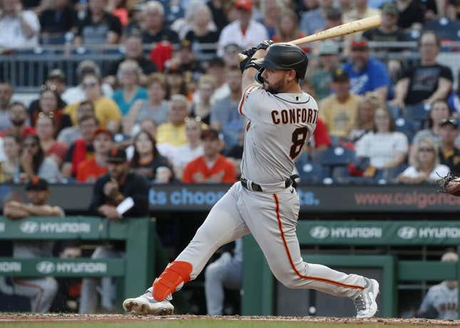 Jul 14, 2023; Pittsburgh, Pennsylvania, USA; San Francisco Giants right fielder Michael Conforto (8) hits a two run single against the Pittsburgh Pirates during the fifth inning  at PNC Park.