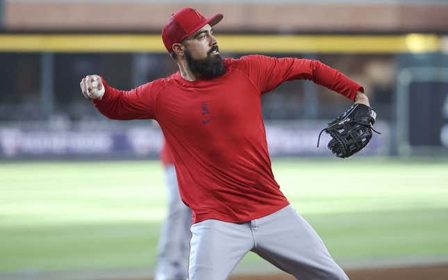 Jun 2, 2023; Houston, Texas, USA; Los Angeles Angels infielder Anthony Rendon during infield practice before the game against the Houston Astros at Minute Maid Park.
