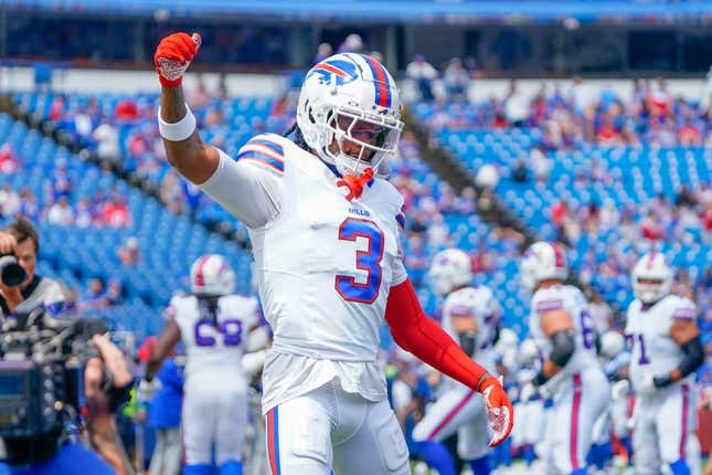 Aug 12, 2023; Orchard Park, New York, USA; Buffalo Bills safety Damar Hamlin (3) warms up prior to the game against the Indianapolis Colts at Highmark Stadium.