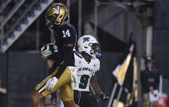 Aug 26, 2023; Nashville, Tennessee, USA; Vanderbilt Commodores wide receiver Will Sheppard (14) catches a touchdown pass during the first half against the Hawaii Warriors at FirstBank Stadium.