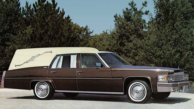 A photo of a vintage Cadillac hearse. 