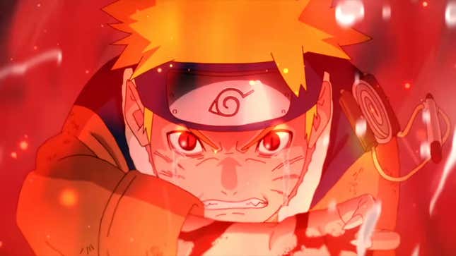 A Naruto still shows Naruto Uzumaki entering the nine-tails beast form. 