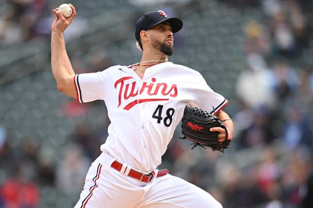Apr 29, 2023; Minneapolis, Minnesota, USA; Minnesota Twins relief pitcher Jorge Lopez (48) throws a pitch against the Kansas City Royals during the eighth inning at Target Field.