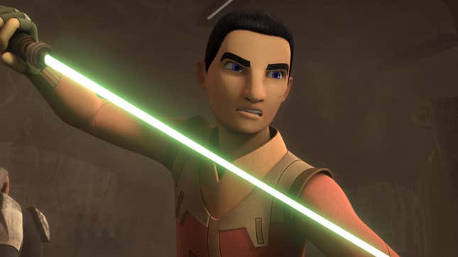 Ezra Bridger wields a lightsaber in the Star Wars: Rebels animated series.