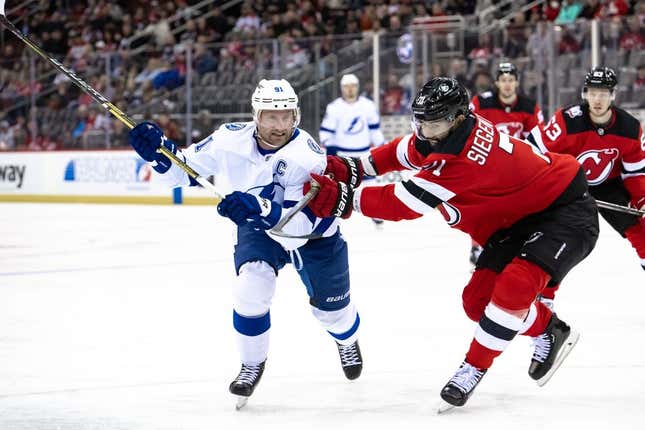 New Jersey Devils defenseman Jonas Siegenthaler (71) skates the