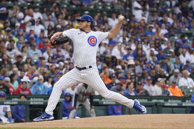 Aug 6, 2023; Chicago, Illinois, USA; Chicago Cubs starting pitcher Justin Steele (35) throws the ball against the Atlanta Braves during the first inning at Wrigley Field.