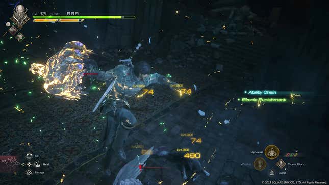 A screenshot from Final Fantasy XVI featuring Clive chaining together abilities.