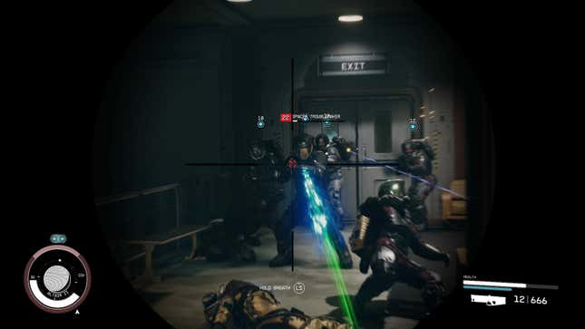 A first person view of a gun scope shows NPCs firing guns at the player.