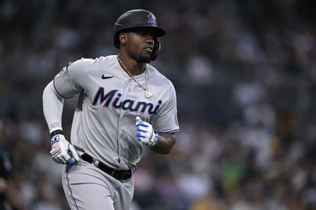 Aug 22, 2023; San Diego, California, USA; Miami Marlins designated hitter Jorge Soler (12) rounds the bases after hitting a home run against the San Diego Padres during the third inning at Petco Park.