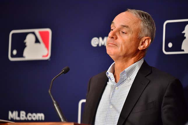 Rob Manfred speaks to the media.