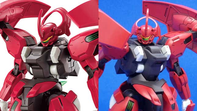 Left: the HG Darilbalde without panel lined details. Right: the same kit, panel lined with black and grey Gundam Markers.