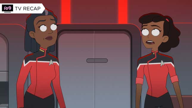 Captain Carol Freeman (left) and Ensign Beckett Mariner (right) look concerningly up at the U.S.S. Cerritos' bulkhead as Red Alert lights glow.