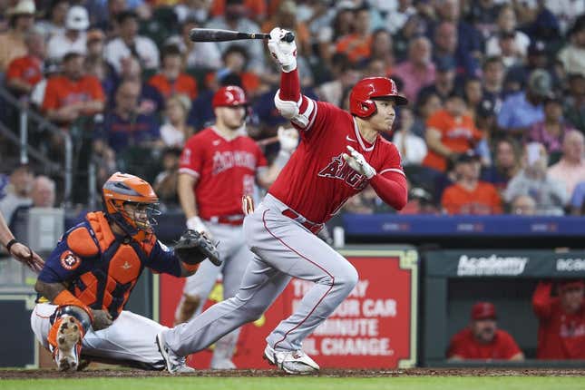 Shohei Ohtani of the Los Angeles Angels bats against the Houston