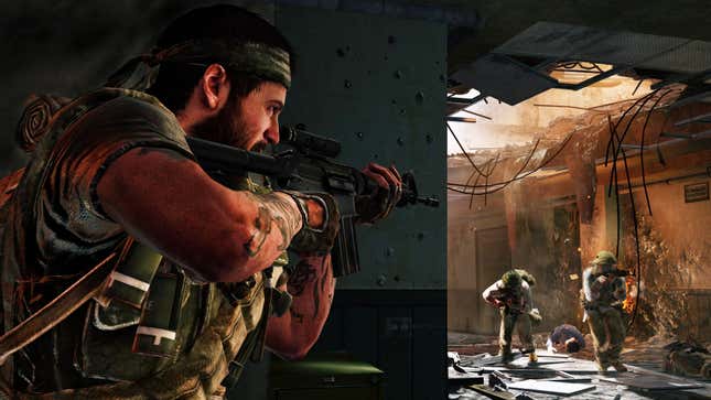 A Call of Duty: Black Ops image shows a soldier sneaking up on two enemy soldiers in a narrow hallway. 