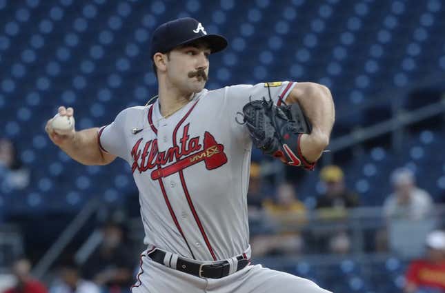 Aug 7, 2023; Pittsburgh, Pennsylvania, USA;  Atlanta Braves starting pitcher Spencer Strider (99) delivers a pitch against the Pittsburgh Pirates during the first inning at PNC Park.
