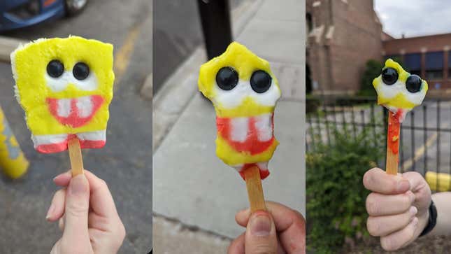SpongeBob SquarePants Popsicle with gumball eyes, at 3 different stages of melting