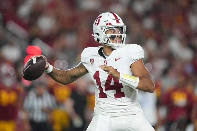 Sep 9, 2023; Los Angeles, California, USA; Stanford Cardinal quarterback Ashton Daniels (14) throws the ball against the Southern California Trojans in the first half at United Airlines Field at Los Angeles Memorial Coliseum.