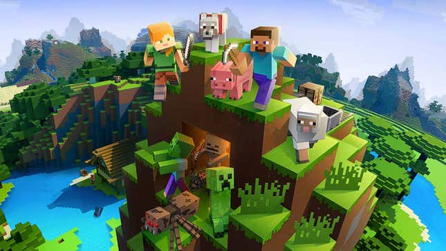 Minecraft characters and their animals climb a mountain.