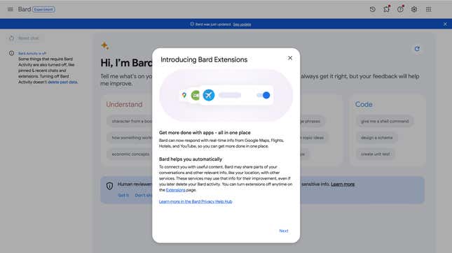 Image for article titled You Can Now Connect Bard to Gmail, Google Docs, YouTube, and More