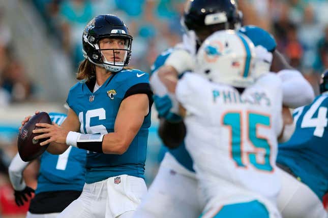 Jacksonville Jaguars quarterback Trevor Lawrence (16) looks to pass during the first quarter of a preseason matchup Saturday, Aug. 26, 2023 at EverBank Stadium in Jacksonville, Fla. The game was suspended in the fourth after Miami Dolphins wide receiver Daewood Davis (87) was injured on a play with the Jaguars leading 31-18.