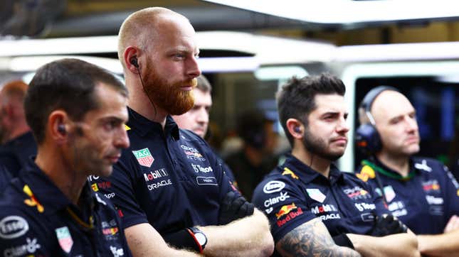 Red Bull Racing team members in the garage during the United States Grand Prix
