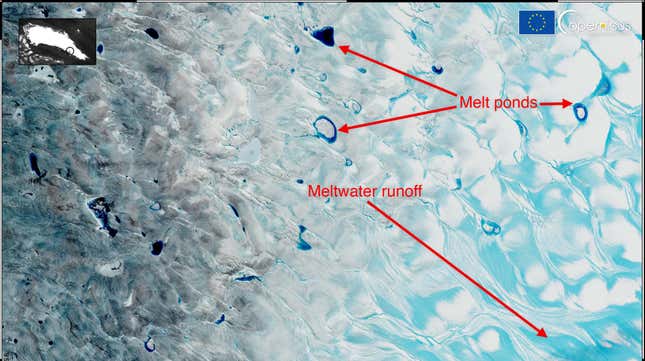 This image, acquired by one of the Copernicus Sentinel-2 satellites on Aug. 21, 2021, shows meltwaters flowing above the ice cap near Kangerlussuaq in southwest Greenland.