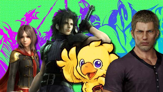 Zack, Jack, a Chocobo, and Rem are seen against a green, purple, and blue background.