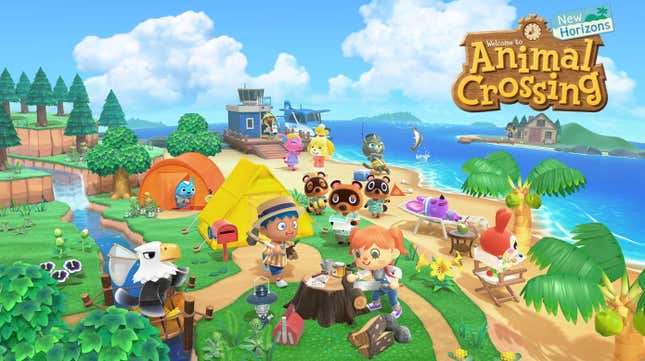 A promotional illustration for Animal Crossing: New Horizons shows people and animals happily going about their lives on a lovely beach and grassy area.