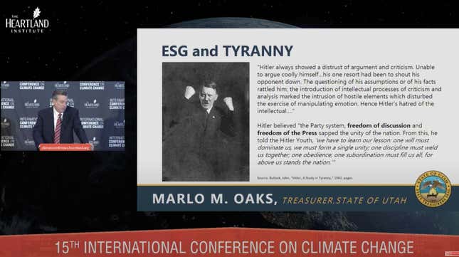 Marlo Oaks gives a talk on ESG at the Heartland International Conference on Climate Change.
