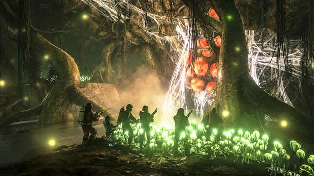 Stranded survivors with guns gather around a mysterious, glowing green tree in ARK: Survival Evolved.