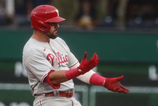 Jul 28, 2023; Pittsburgh, Pennsylvania, USA;  Philadelphia Phillies designated hitter Kyle Schwarber (12) reacts at second base after hitting a double against the Pittsburgh Pirates during the first inning at PNC Park.