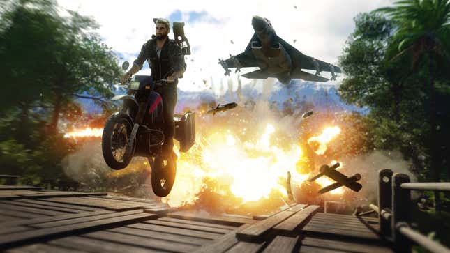 Rico Rodríguez is shown riding a motorcycle away from a jet and an explosion.