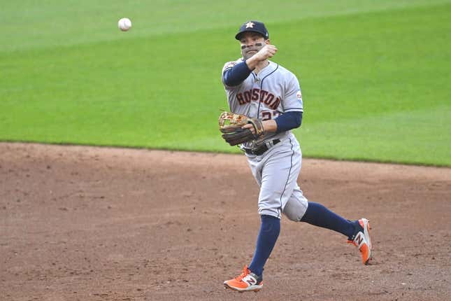Jun 9, 2023; Cleveland, Ohio, USA; Houston Astros second baseman Jose Altuve (27) throws to first base in the third inning against the Cleveland Guardians at Progressive Field.