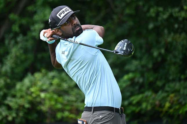 Aug 17, 2023; Olympia Fields, Illinois, USA; Sahith Theegala tees off from the second tee during the first round of the BMW Championship golf tournament.